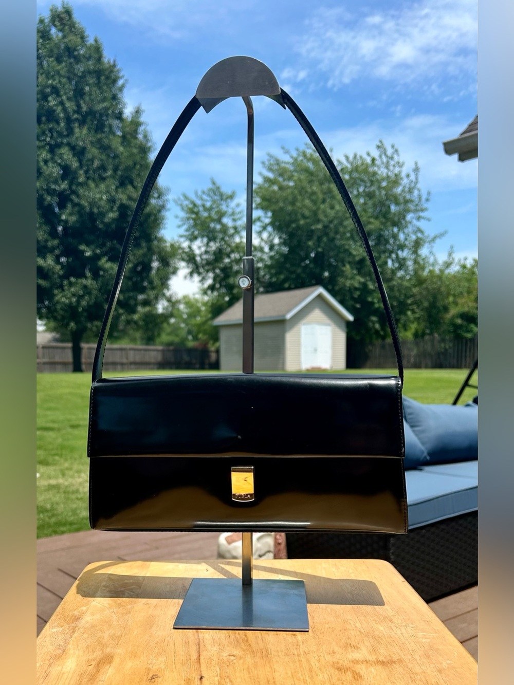 Vintage FURLA Black Gloss Patent Leather Shoulder Bag GUC
